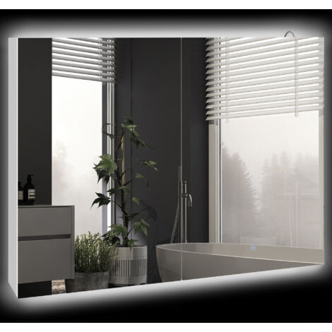 Armoire de toilette avec miroir et éclairage, meuble de rangement avec étagère réglable, alimentation USB, 90 x 15 x 70 cm, blanc
