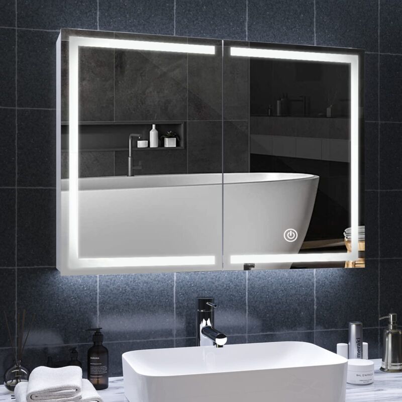 Armoire Toilette Miroir avec éclairage led et Prise, Métal Armoire de Toilette avec Miroir, Blanc, 80x13.5x60cm