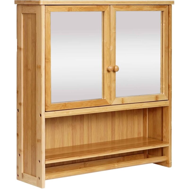 HHG - Armoire de toilette 838, armoire de toilette suspendue, 3 étagères 2 portes miroir bambou 62x66x15cm