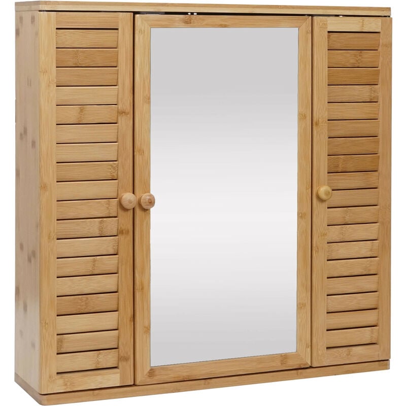 Armoire de toilette HW C-B18 - armoire de toilette suspendue - 3 étagères 3 portes miroir bambou 60x60x15cm