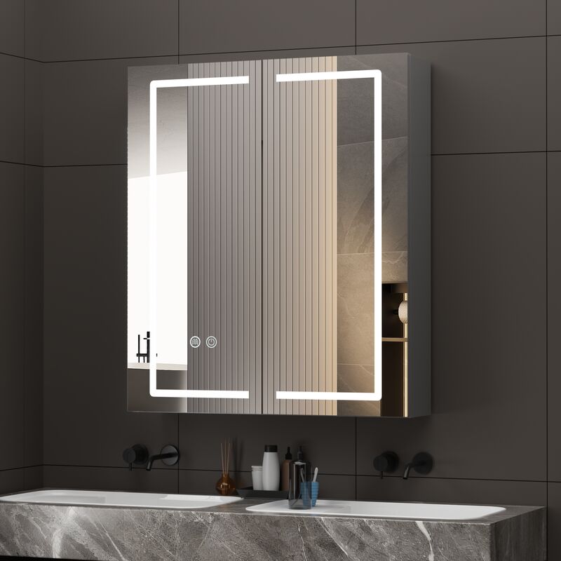 Armoire de Toilette LED 60x70 cm [Livrée Déjà Montée] - Prise et USB Intégrés - Miroir Gris avec Anti-buée - 120 LEDs/m - Sans Assemblage - AquaWise