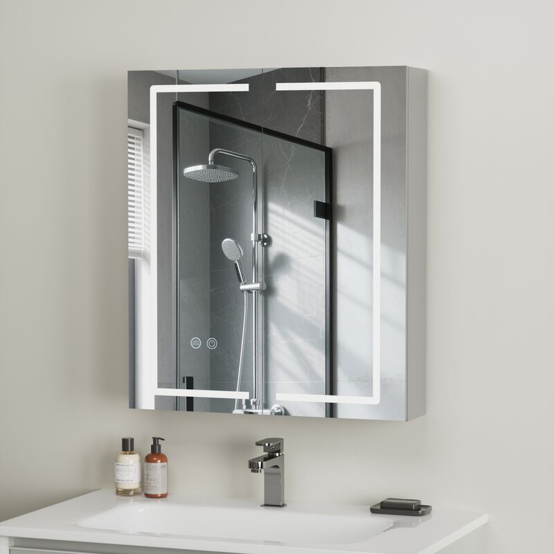 Armoire de Toilette LED 60x70 cm [Livrée Montée] - Prise & USB - Design Gris Moderne - Anti-buée & IRC 90 - Miroir Intelligent - AquaWise