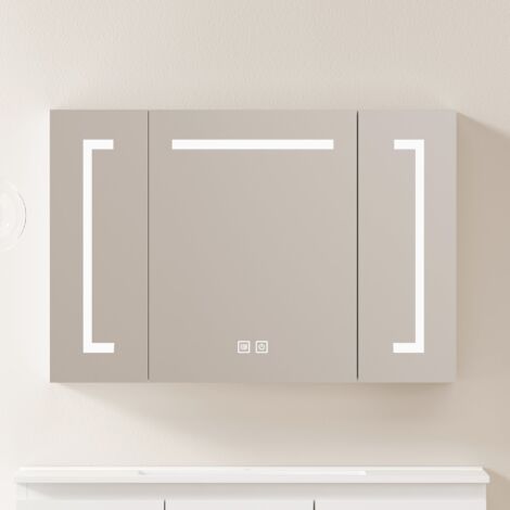 Armoire de toilette LED 90 cm avec miroir, meuble mural avec rangement, pour salle de bain, salon et chambre, design moderne