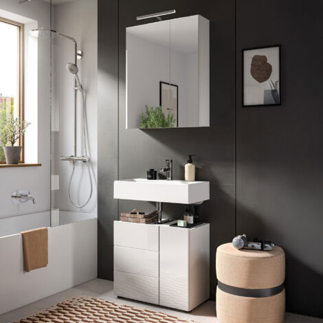 Armoire de toilette + meuble sous lavabo blanc brillant- VARKA