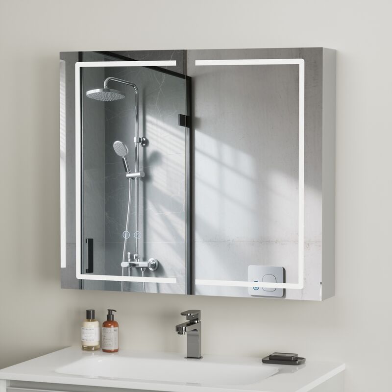 Armoire de Toilette Miroir LED 80x70 cm [Livrée Montée] - Prise + USB - Gris Premium - Anti-buée & Soft-Close - Dimmable - AquaWise