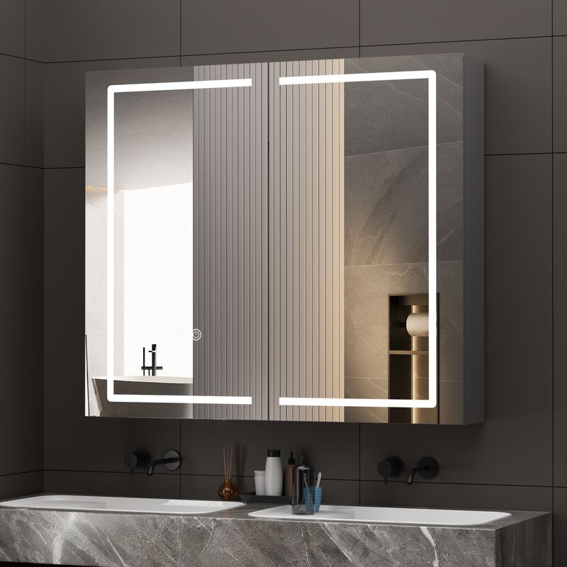 Armoire de Toilette Miroir LED 80x70 cm - Prise + USB - Coloris Gris - [Prête à Installer] - Anti-buée & Tactile - Structure Déjà Assemblée - AquaWise