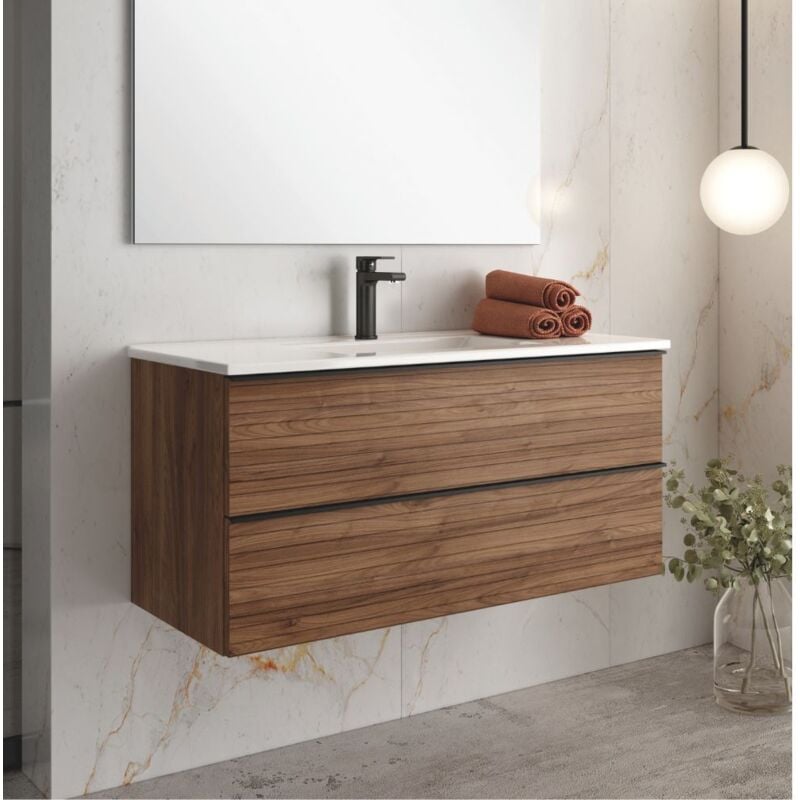 Toscohome - Armoire de toilette murale 100 cm avec 2 tiroirs en noyer strié - Elius