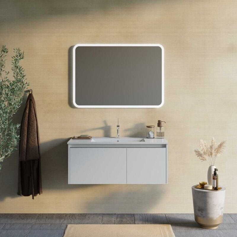 Kiamami Valentina - Armoire De Toilette Murale 100Cm Blanc Mat Miroir Led 100X70 Monaco