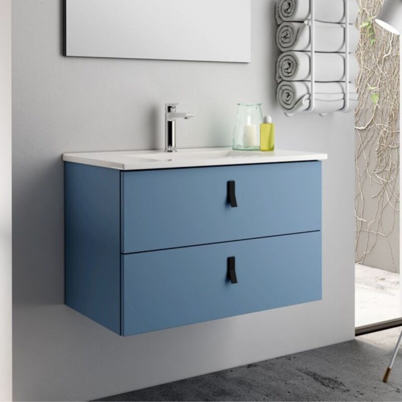 Toscohome - Meuble de salle de bains suspendu 2 tiroirs bleu 60x45x48H cm - Vitty