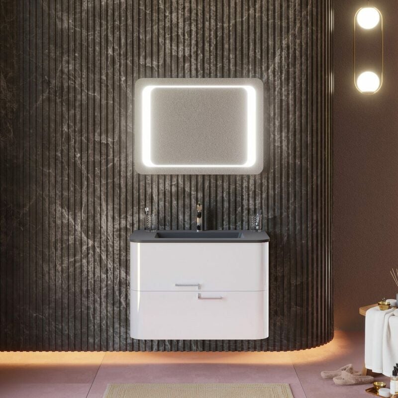 Armoire De Toilette Murale 80Cm Blanche, Lavabo Noir Mat, Miroir à Led Hollywood