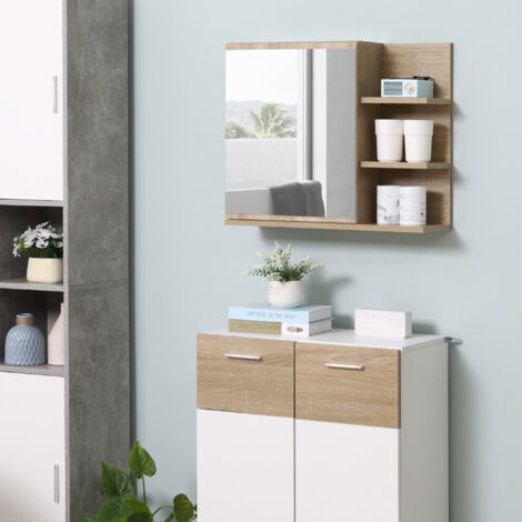 Armoire de toilette murale avec miroir, porte miroir et 3 étagères latérales en bois, 60 x 18 x 50 cm, couleur bois