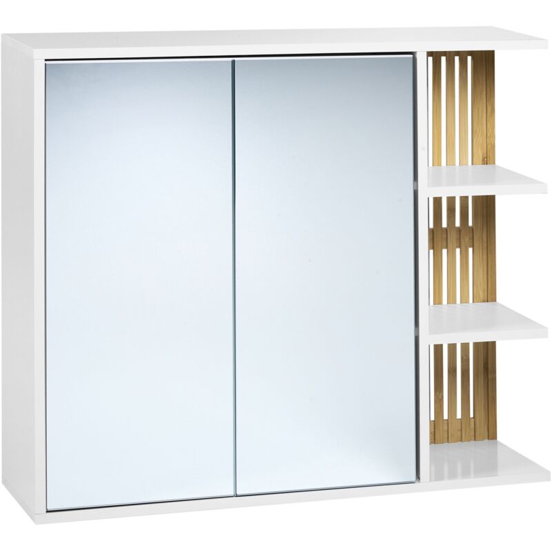 Armoire de Toilette Murale MDF Bambou Etagères Rangement Meuble Salle de Bain Blanc et Bois Clair Nubes