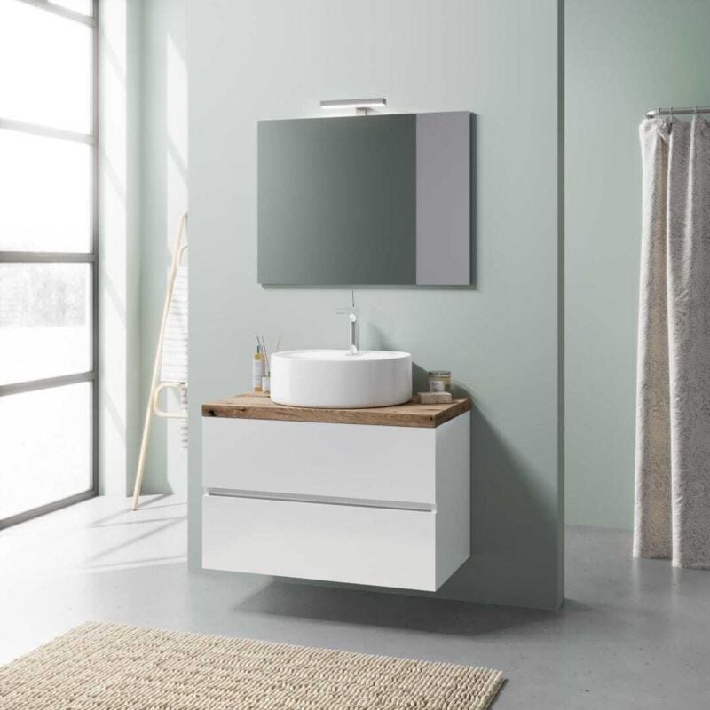 Kiamami Valentina - Armoire De Toilette Suspendue 80Cm Blanc Brillant, Lavabo, Miroir 80X60 Elba
