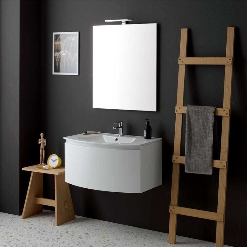 Kiamami Valentina - Armoire De Toilette Suspendue Courbe Cm 82 Avec Lavabo Et Miroir Riva