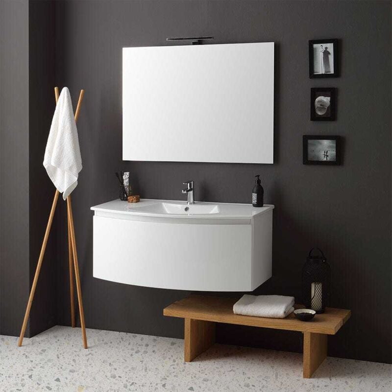 Kiamami Valentina - Armoire De Toilette Suspendue Courbe Cm102 Laqué Blanc Lavabo Et Miroir Riva