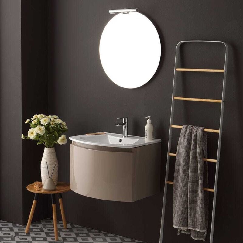 Kiamami Valentina - Armoire De Toilette Suspendue Ligne Courbe 62 Cm Cappuccino Poli Miroir Rond Riva