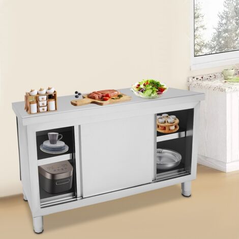 Armoire de travail avec portes coulissantes Table de travail Plan de travail Armoire en acier inoxydable Armoire gastronomique Armoire à portes coulissantes 120 x 50 x (95-97) cm Acier inoxydable