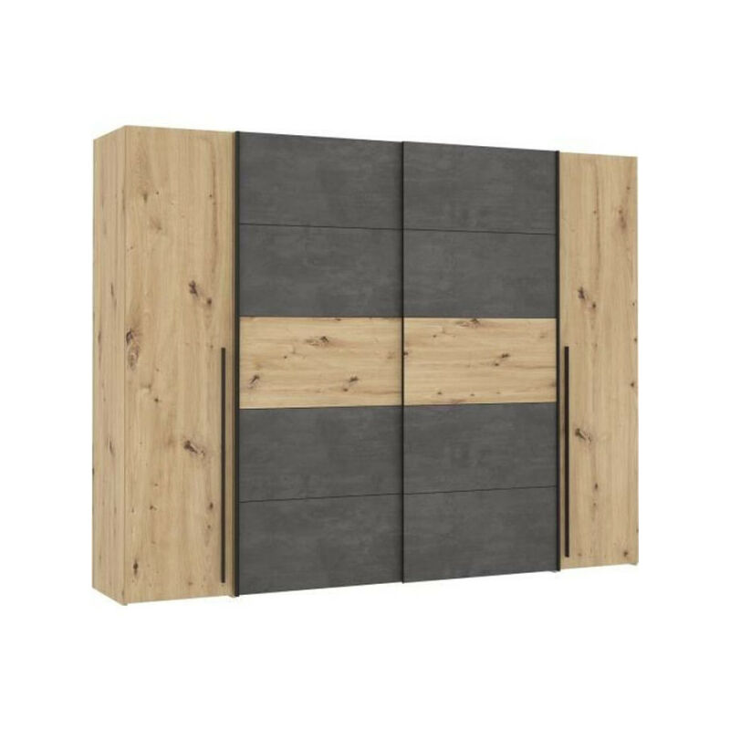 Sans Marque - Armoire - Décor chene artisan et béton gris - 2 portes battantes + 2 portes coulissantes - l 270,3 x p 61,2 x h 210 cm - narag