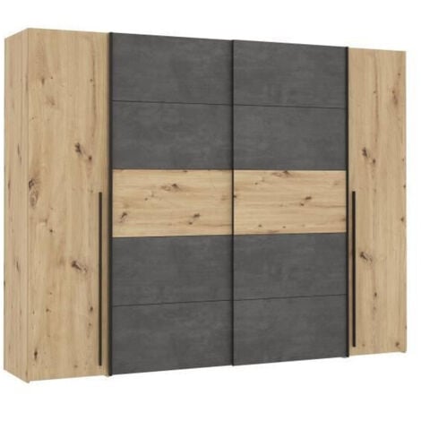 LES TENDANCES Armoire 2 portes battantes + 2 portes coulissantes - Decor chene artisan et beton gris - L 270,3 x P 61,2 x H 210 cm - NARAGO