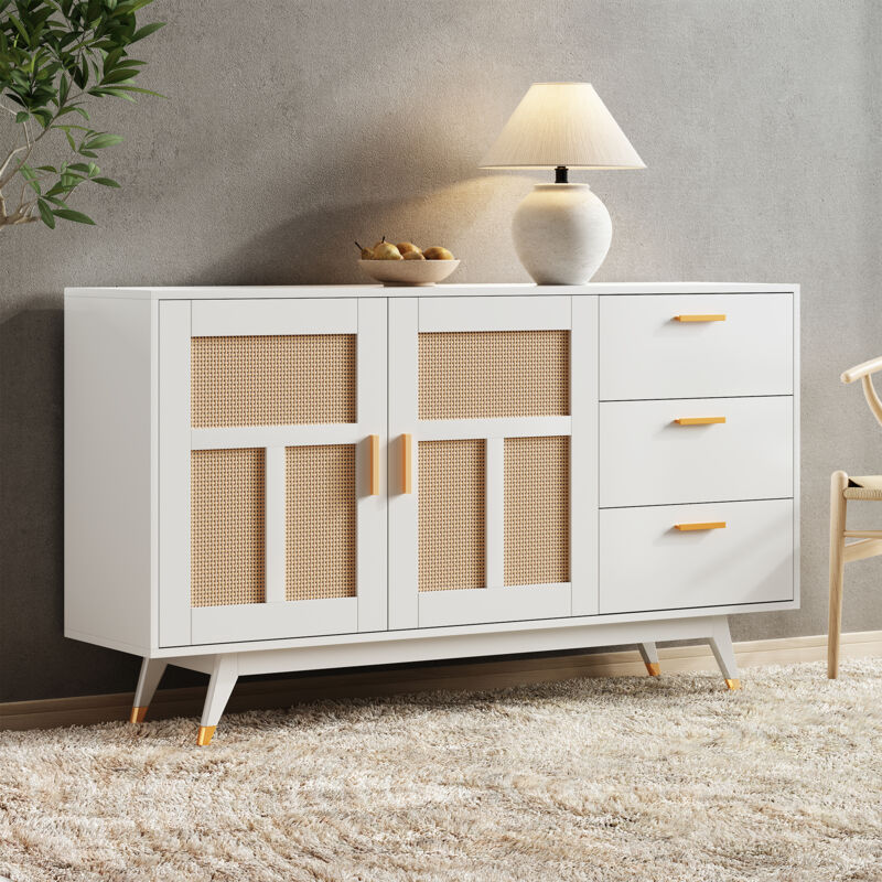 Armoire décorative moderne 160x40x87 cm meuble de rangement avec 2 portes en rotin, 3 tiroirs et décoration dorée, blanc