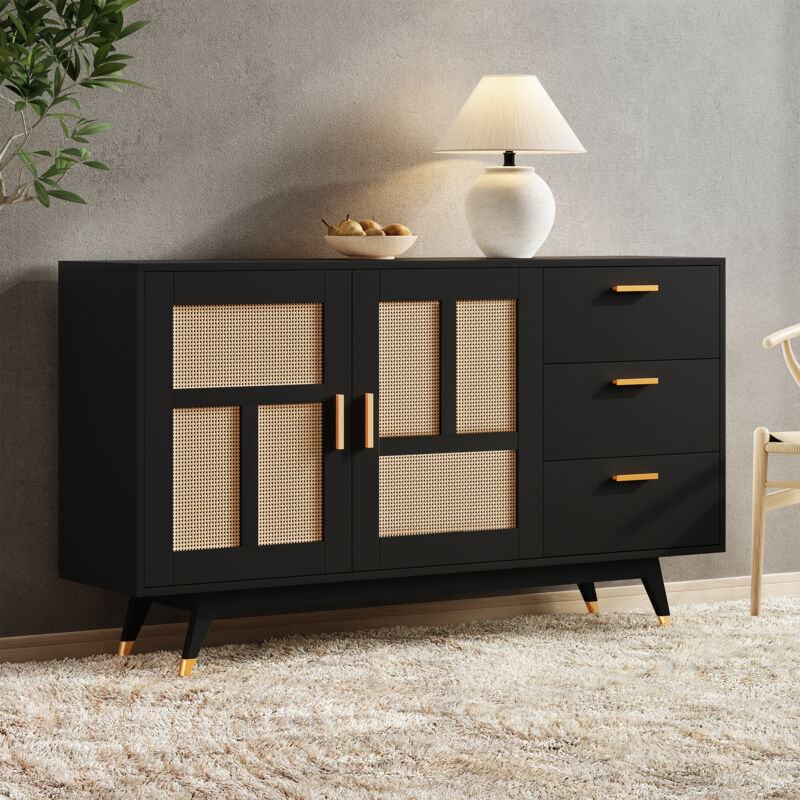 Armoire décorative moderne 160x40x87 cm meuble de rangement avec 2 portes en rotin, 3 tiroirs et décoration dorée, noir