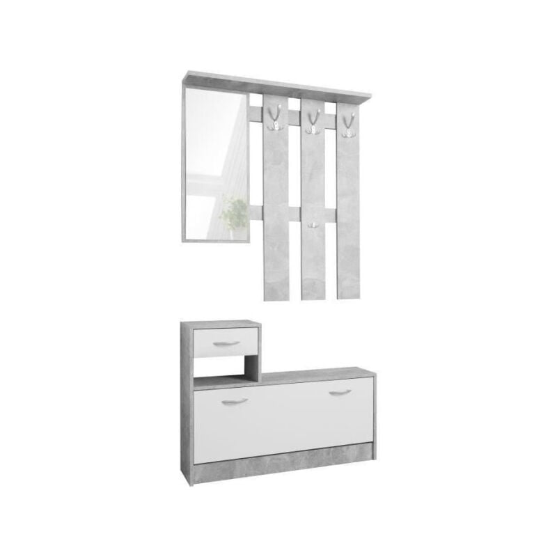 Argonauta - Vestiaire Rudolf - Décor béton structuré / blanc - 100 x 180 x 25 cm - 1 meuble a chaussures - 1 miroir - 4 crochets