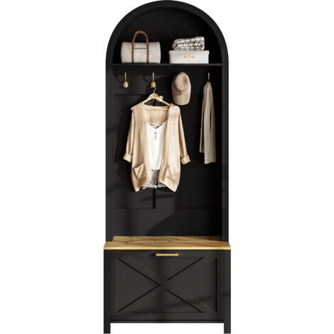 Armoire D'entrée 195x75x35 Cm Mdf Noir Et Bois - Étagère, Porte-chaussures Et Crochets