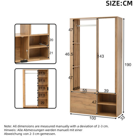 Armoire d'entrée 6 en 1 en panneau de bois finition aspect bois, avec porte-manteau, penderie, miroir et étagère, rangement complet et compact pour hall