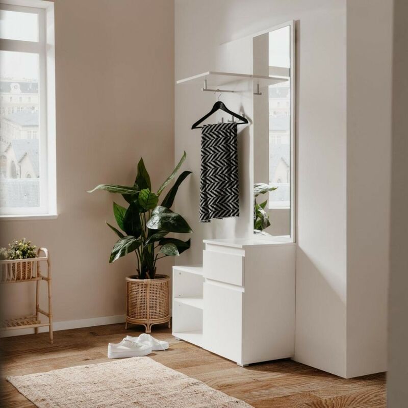 Toscohome - Armoire d'entrée 85x195h cm avec miroir et portemanteau blanc - Image