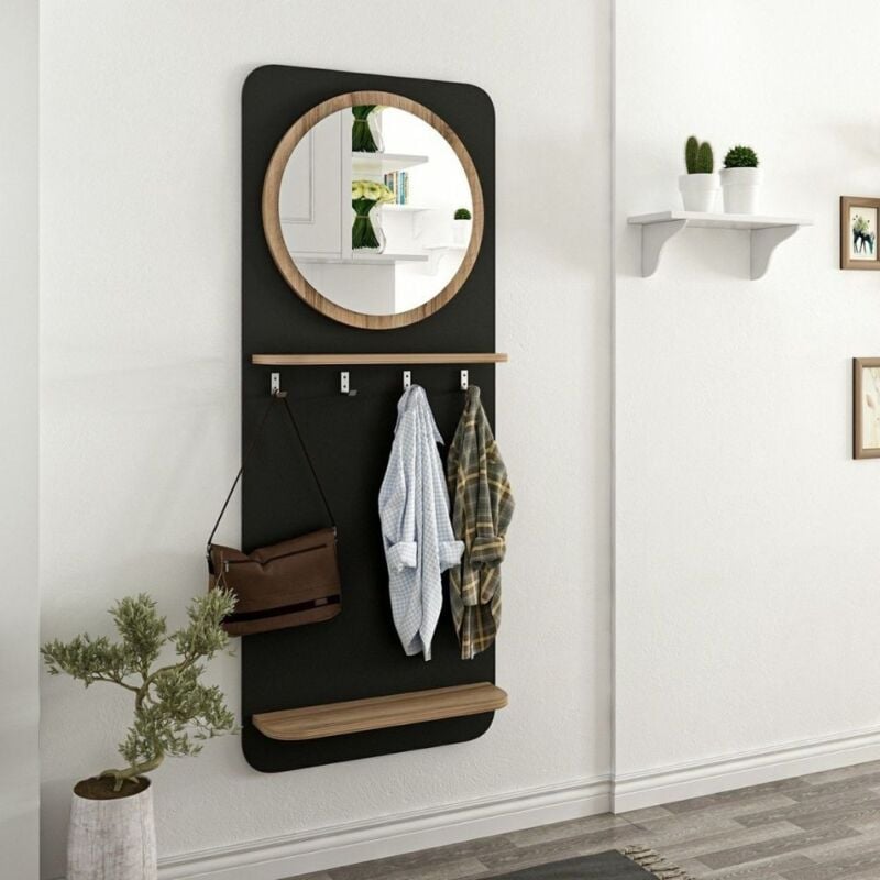 Armoire d'entrée avec miroir et porte-manteau noir 60 cm - Slimin