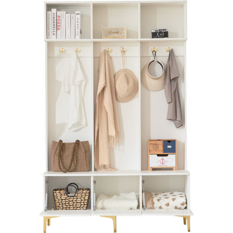 Armoire D'entrée Blanche 120x23,5x191,5 Cm Avec Banc, Crochets Et Pieds Dorés, Rangement
