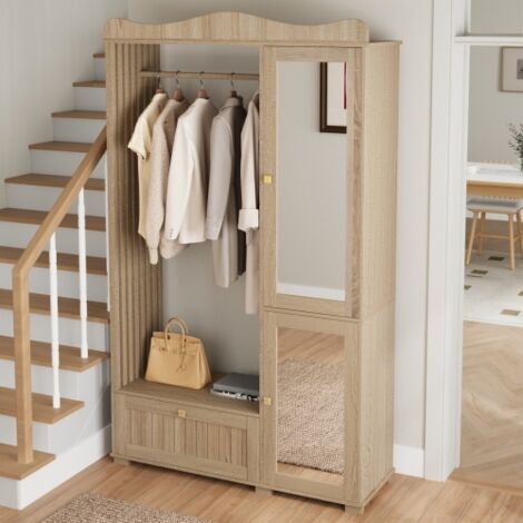 Armoire d'entrée chêne avec miroir – porte-manteaux ouvert, tiroir + 2 portes, pour chambre et couloir