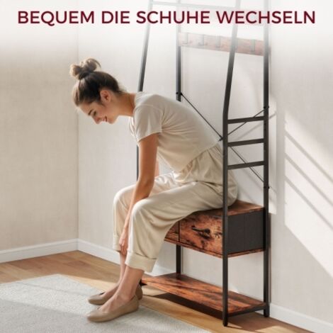 Armoire d'entrée combinée en panneau de particules et structure métallique, étagère à chaussures avec banc, 10 crochets, 2 tiroirs en tissu et tringle à vêtements, design pratique et spacieux pour hal