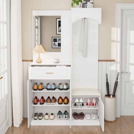 Armoire d'entrée compacte en panneau de bois, combinaison meuble à chaussures multifonction avec miroir, design moderne pour hall et couloir, pratique et gain de place