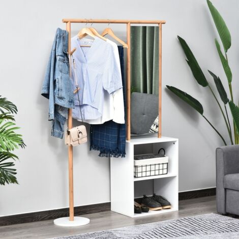 Armoire d'entrée HOMCOM avec miroir, 4 crochets, 2 niches, dimensions 100L x 34P x 164H cm, MDF blanc et bambou massif.