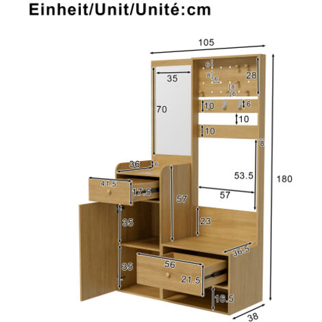 Armoire d'entrée moderne en panneau de bois couleur aspect bois, étagère multifonction avec miroir et crochets réglables, rangement spacieux pour chaussures et vêtements