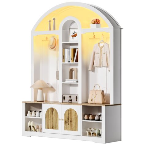 Armoire d'entrée multifonction avec étagère à chaussures, crochets et rangements - MDF robuste design moderne 150x40x195cm - Blanc