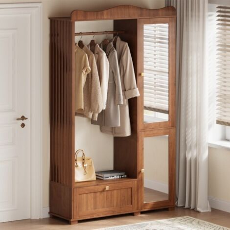 Armoire d'entrée noyer avec miroir – porte-manteaux ouvert, tiroir + 2 portes, pour chambre et couloir