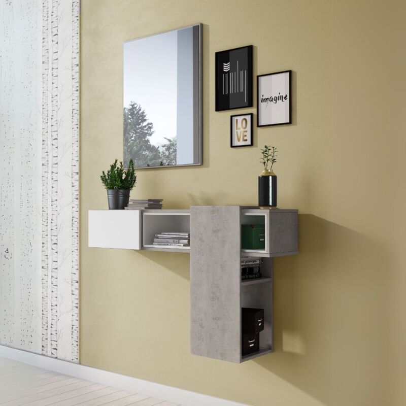 Toscohome - Armoire d'entrée suspendue avec miroir en ciment et blanc - Mog