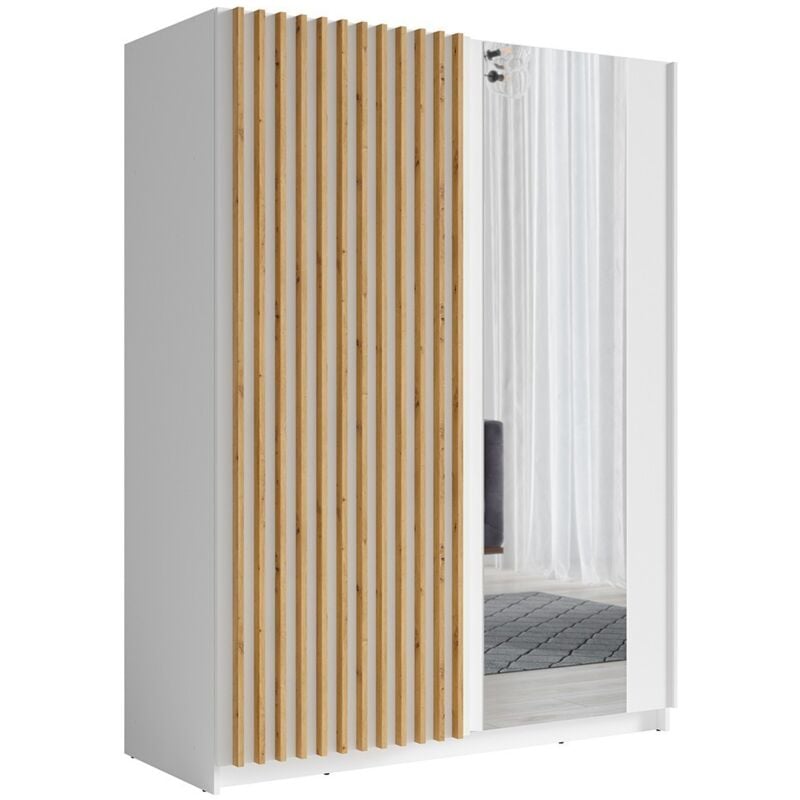 Armoire 150 cm avec 2 portes coulissantes, coloris blanc et chêne – Collection STRANO