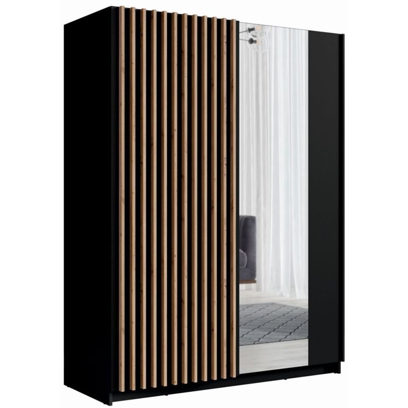 Meublorama - Armoire 2 portes coulissantes avec miroir 150 cm - noir et chêne - Collection strano