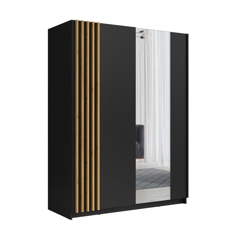 Meublorama - Armoire 2 portes coulissantes 150 cm - noir et chêne - Collection varia