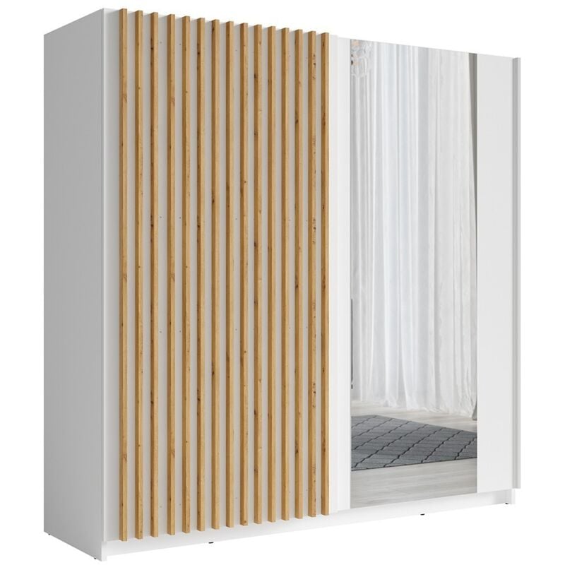 Meublorama - Armoire 2 portes coulissantes avec miroir 200 cm - blanc et chêne - Collection strano