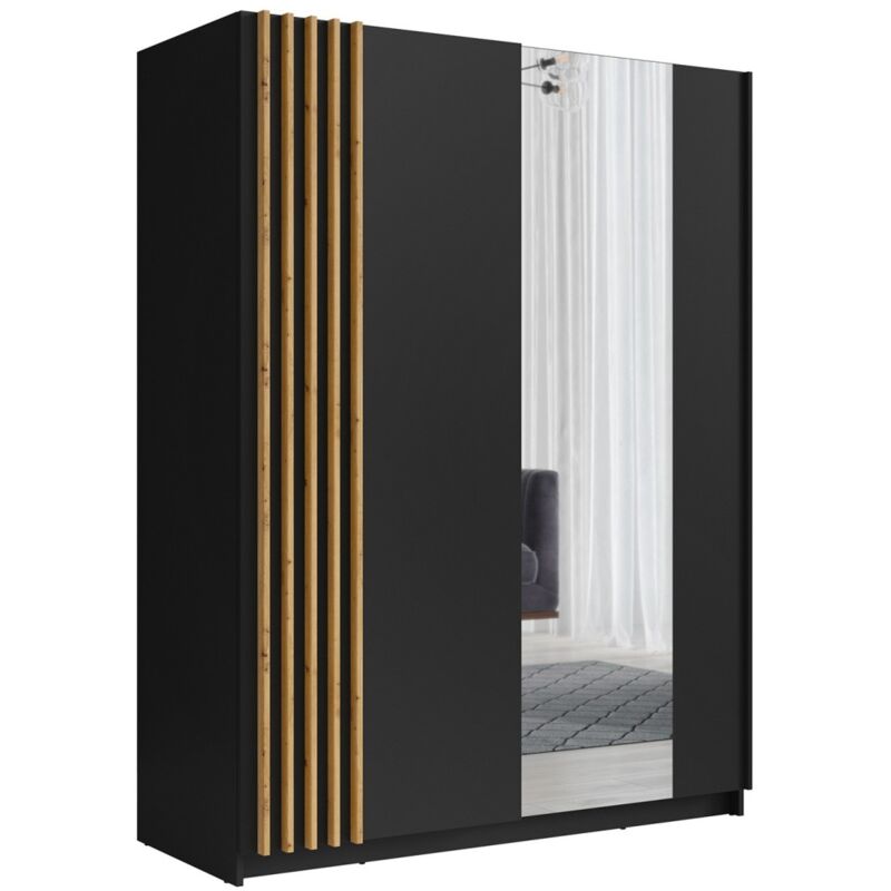 Meublorama - Armoire 2 portes coulissantes 200 cm - noir et chêne - Collection varia