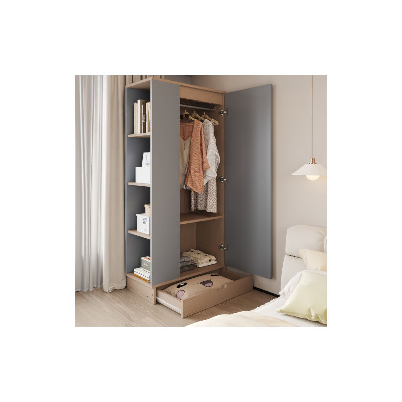 Armoire 70x40x170cm, design de porte simple, avec 1 étagère et 1 tiroir, rangement latéral, bois, gris et couleur bois