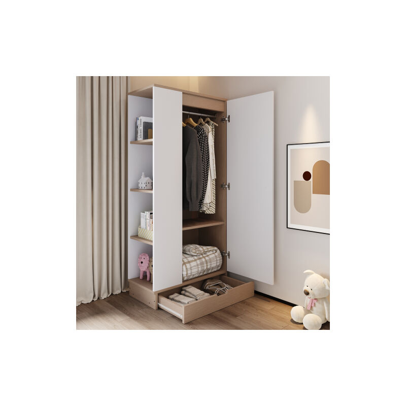 Armoire 70x40x170cm, design de porte simple, avec 1 étagère et 1 tiroir, rangement latéral, bois, blanc et couleur bois