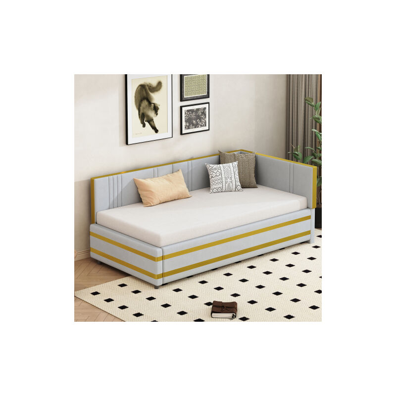 Canapé-lit 90x200 cm, lit simple avec sommier à lattes, finition dorée, tissu velours doux pour la peau, sans matelas, gris clair
