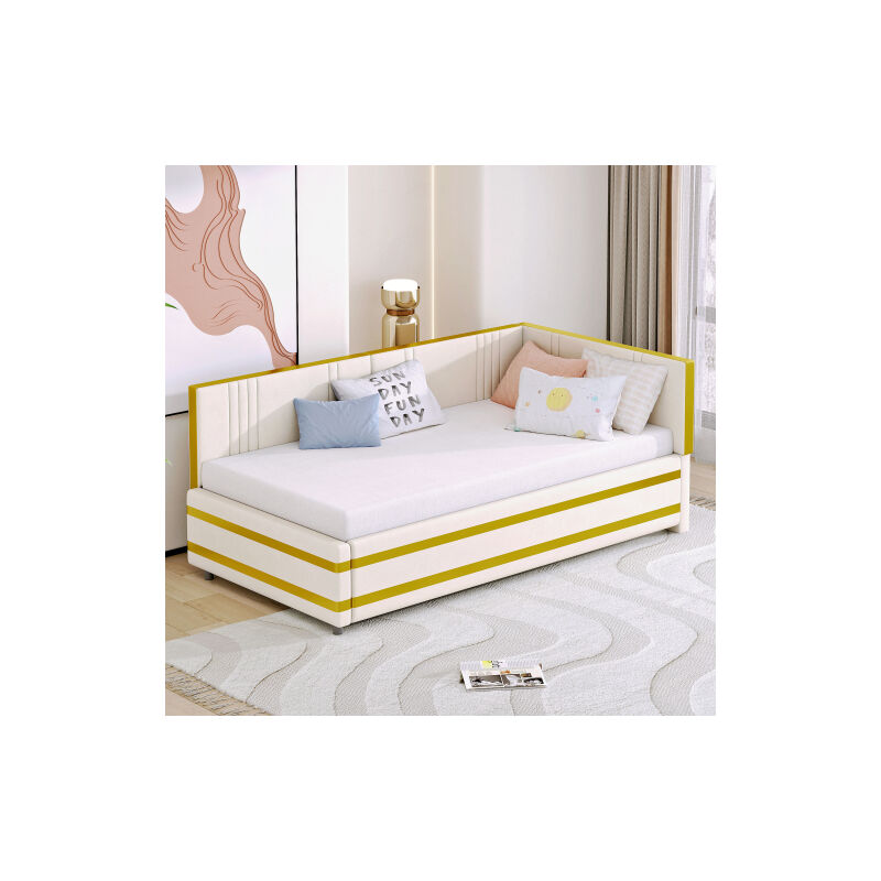 Canapé-lit 90x200 cm, lit simple avec sommier à lattes, finition dorée, tissu velours doux pour la peau, sans matelas, beige