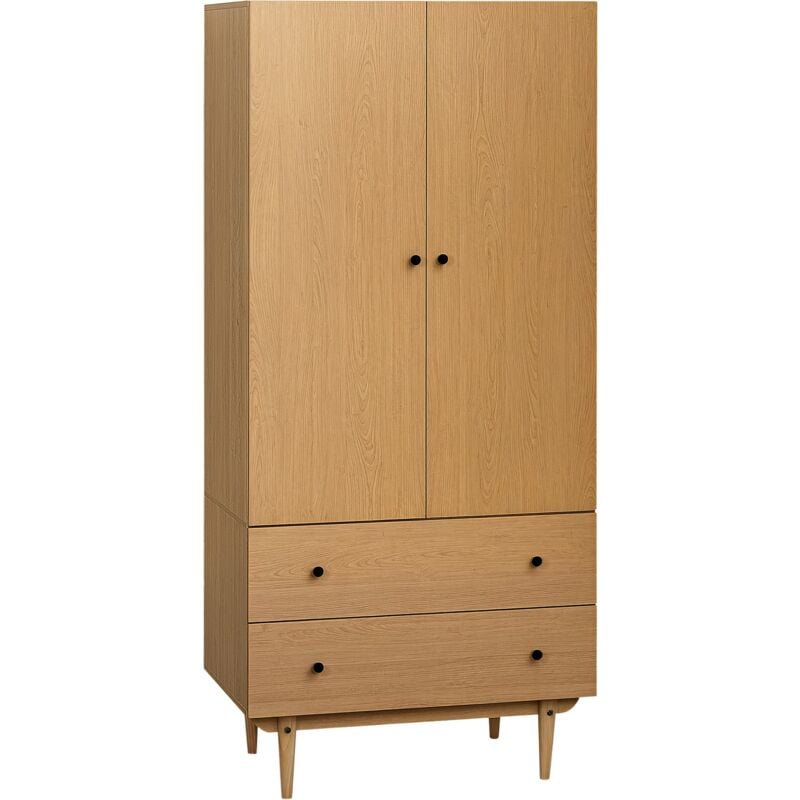 Armoire design scandinave - 2 portes, penderie, 2 tiroirs - piètement bois de pin panneaux aspect bois clair