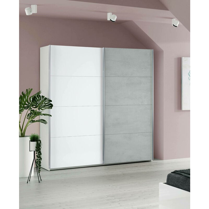 armoire à deux portes coulissantes, blanc artik avec porte de couleur béton, dimensions 150 x 200 x 60 cm